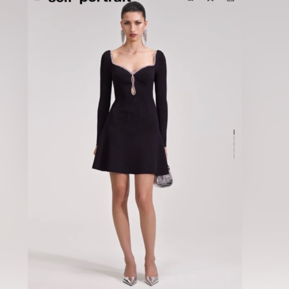 Self Portrait BLACK KNIT DIAMANTE MINI DRESS